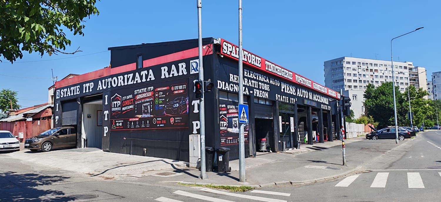 Service Auto Grigorescu — vedere de ansamblu din intersecție: stația ITP, mecanică, spălătorie și service roți